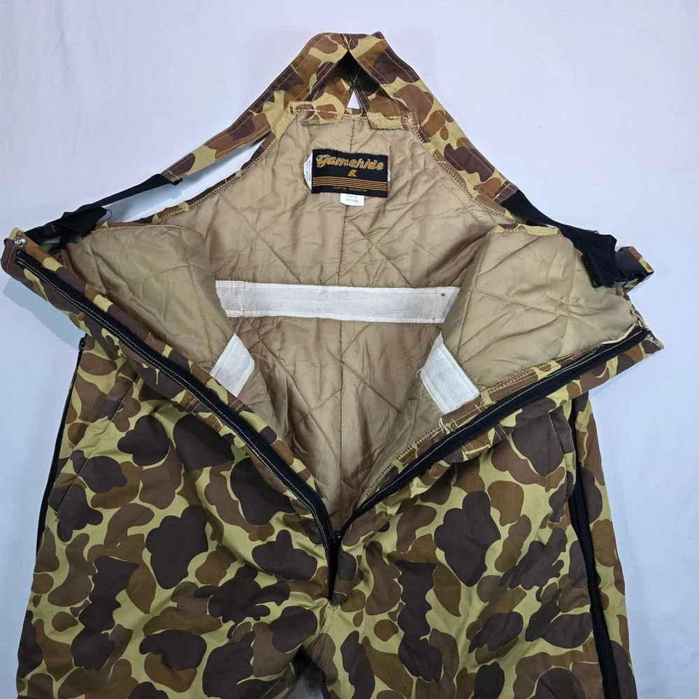 Vintage Gamehide Camo Hunting Bibs Insulated Duck Camouflage Brown Tan Mens L